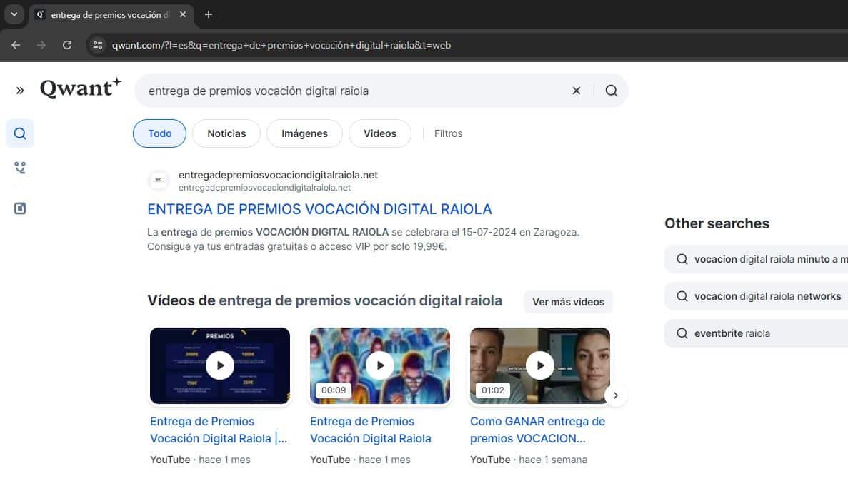 Entrega de premios vocación digital Raiola | Concurso SEO 4 Resultados de la busqueda "entrega de premios vocación digital raiola" en el motor de busqueda Qwant